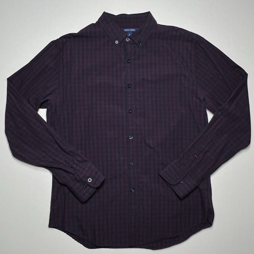 Bowery & Broome Button Up Shirt Mens Large Plaid Navy Burgundy  Long Sleeve